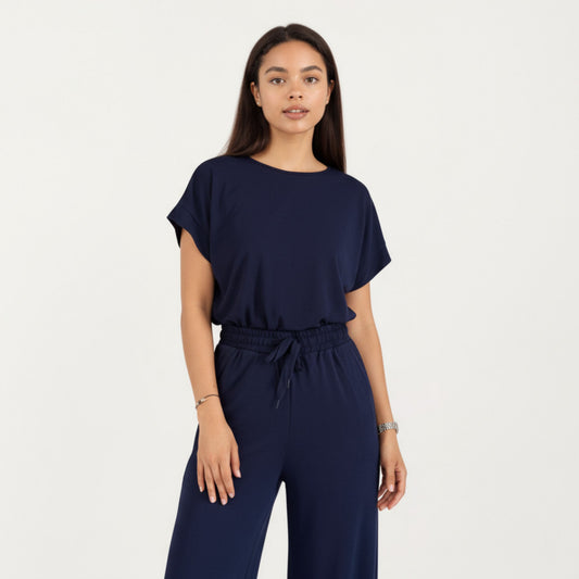 2-Piece Set Short Sleeve Relaxed Fit Top and Wide Leg Pants with Soft Stretch Fabric and Drawstring Waist