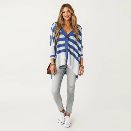 Striped Button Front Knit Top with V-Neckline, Relaxed Fit, and Drop Shoulder Sleeves