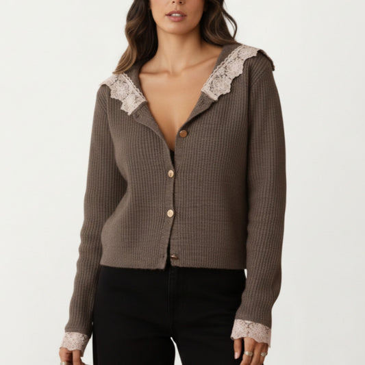 Long Sleeve Ribbed Knit Top with Lace Trim Collar and Button Front Detail