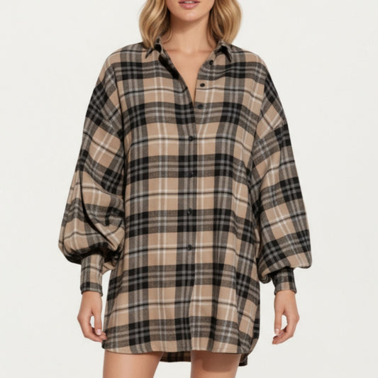 Oversized Plaid Shirt Dress with Long Balloon Sleeves Button Front Collar Detail and Soft Draping Silhouette