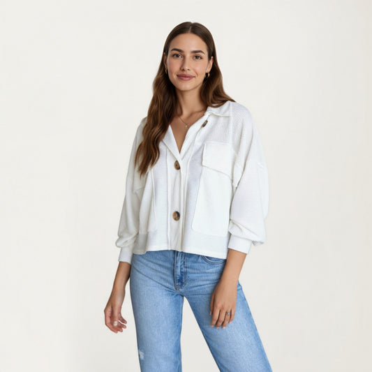 Textured Knit Button Front Jacket with Long Sleeves Oversized Chest Pockets Structured Hem and Everyday Silhouette