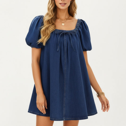 Puff Sleeve Denim Babydoll Dress with Square Neckline Adjustable Front Tie Detail and Soft A-Line Silhouette