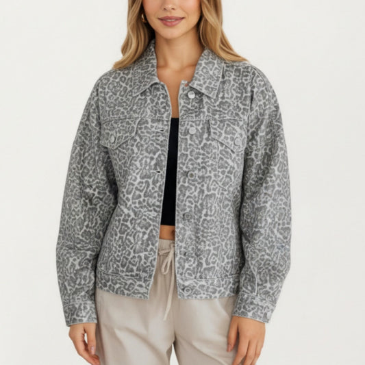 Leopard Print Button Front Jacket with Soft Woven Fabric Chest Flap Pockets Long Sleeves