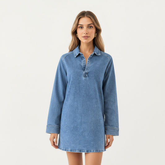 Pullover Denim Tunic Dress with Soft Woven Fabric Split Neckline Long Sleeves and Relaxed Straight Silhouette