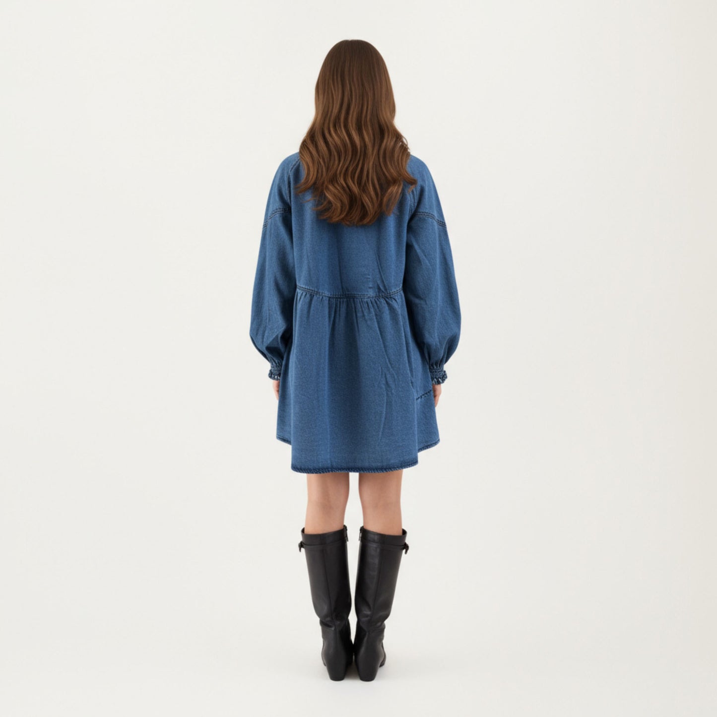 Button Front Denim Shirt Dress with Soft Woven Fabric Balloon Sleeves Front Patch Pockets