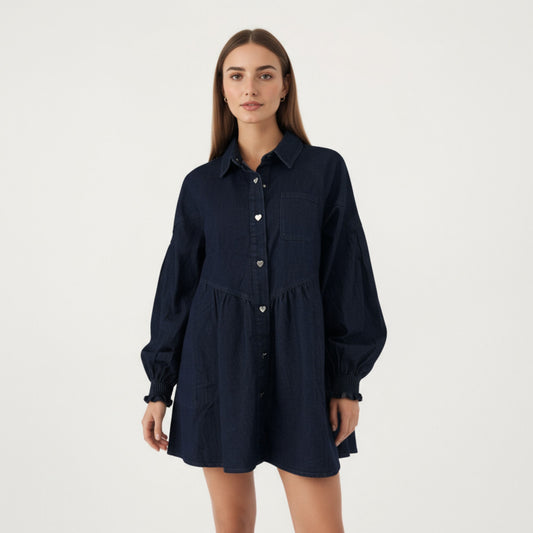 Button Front Denim Shirt Dress with Soft Woven Fabric Balloon Sleeves Front Patch Pockets