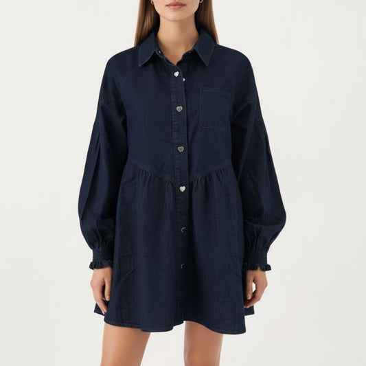 Button Front Denim Shirt Dress with Soft Woven Fabric Balloon Sleeves Front Patch Pockets