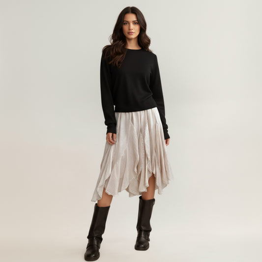 Layered Handkerchief Hem Midi Skirt with Soft Flowing Panels and Textured Draped Design for an Effortlessly Styled Look