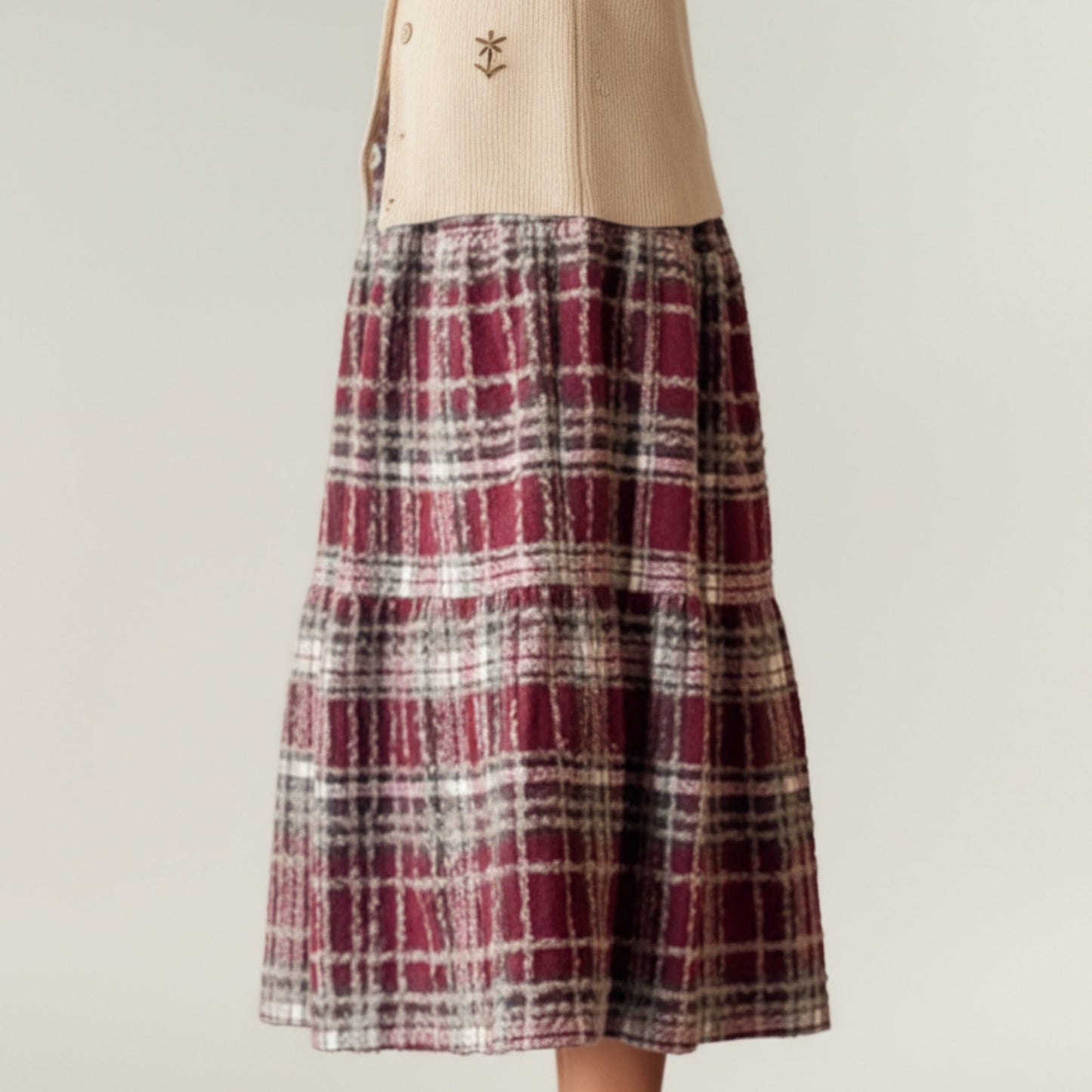 High Waist Plaid Midi Skirt with Soft Textured Fabric and Tiered A-Line Silhouette
