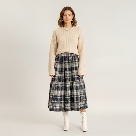 High Waist Plaid Midi Skirt with Soft Textured Fabric and Tiered A-Line Silhouette