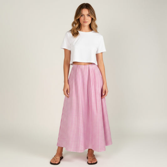 Gingham Pattern Maxi Skirt with Full Gathered Silhouette and Soft Flowing Fabric Design