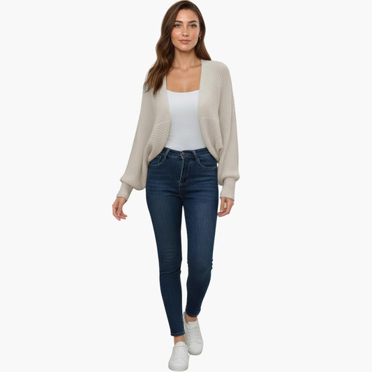 Open Front Dolman Sleeve Knit Cardigan with Soft Textured Cozy Rib Design and Relaxed Draped Silhouette