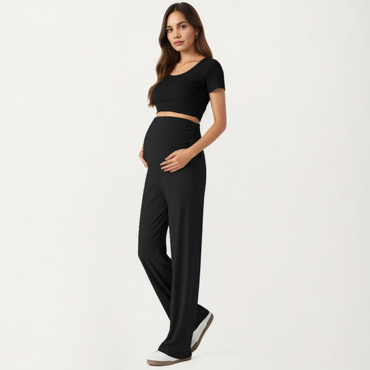 Maternity Wide Leg Pants with Adjustable Ruched Waist Stretch Knit Fabric and Relaxed Full-Length Fit for Comfort