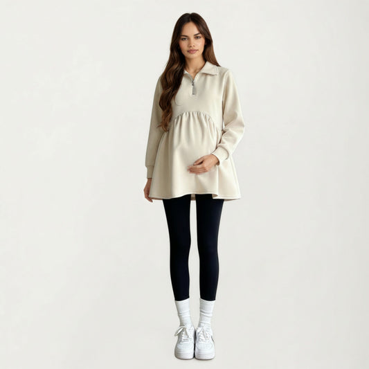 Maternity Quarter Zip Long Sleeve Top with Fleece Feel Elastic Empire Waist and Relaxed Tunic Silhouette