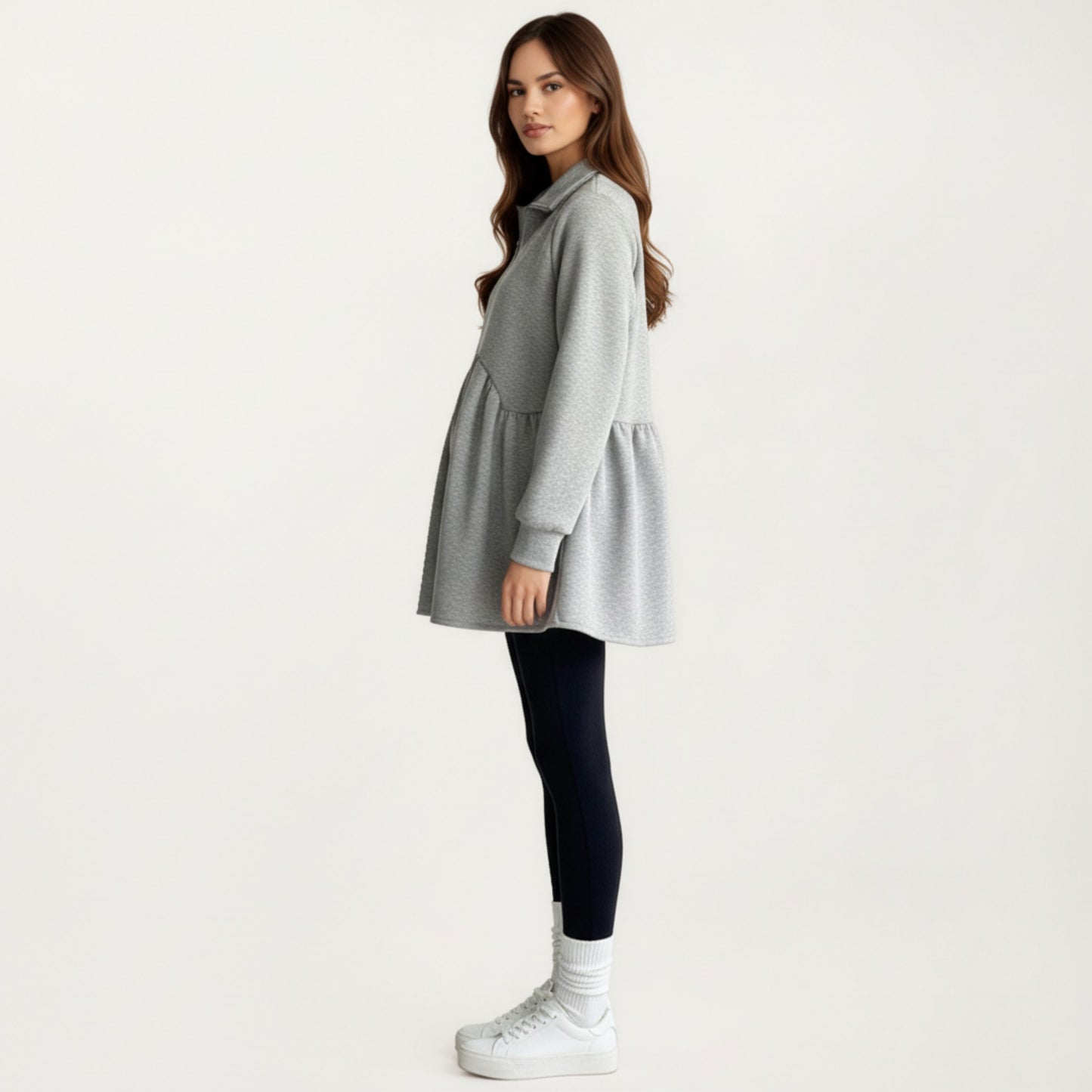 Maternity Quarter Zip Long Sleeve Top with Fleece Feel Elastic Empire Waist and Relaxed Tunic Silhouette