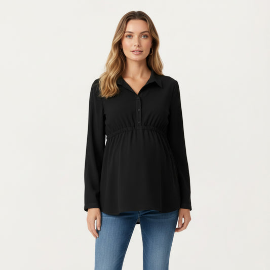 Maternity Long Sleeve Top with Collared Neckline Elastic Empire Waist and Soft Flowing Drape for Everyday Style