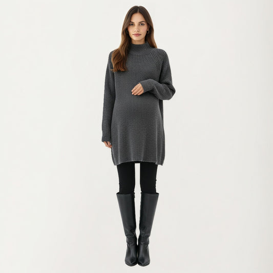 Maternity Textured Knit Sweater Dress with High Mock Neck Long Sleeve Relaxed Fit and Soft Ribbed Detailing