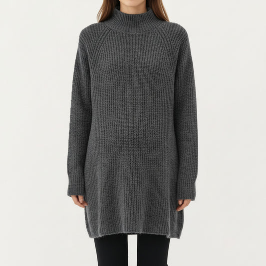 Maternity Textured Knit Sweater Dress with High Mock Neck Long Sleeve Relaxed Fit and Soft Ribbed Detailing