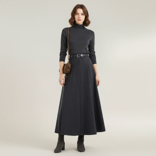 High Waist Full A-Line Maxi Skirt with Structured Seam Panels and Smooth Flowing Silhouette