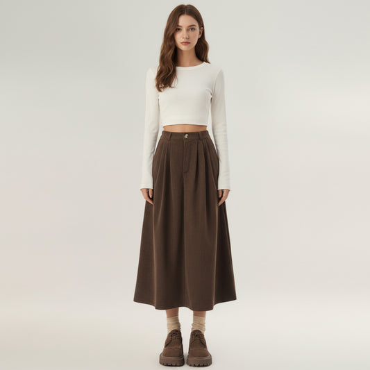 High Waist Pleated A-Line Maxi Skirt with Structured Volume, Smooth Draping Fabric