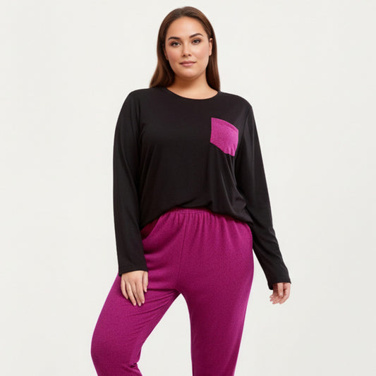 2-Piece Set Long Sleeve Knit Top with Contrast Pocket and Soft Stretch Pajama Pants with Relaxed Tapered Fit