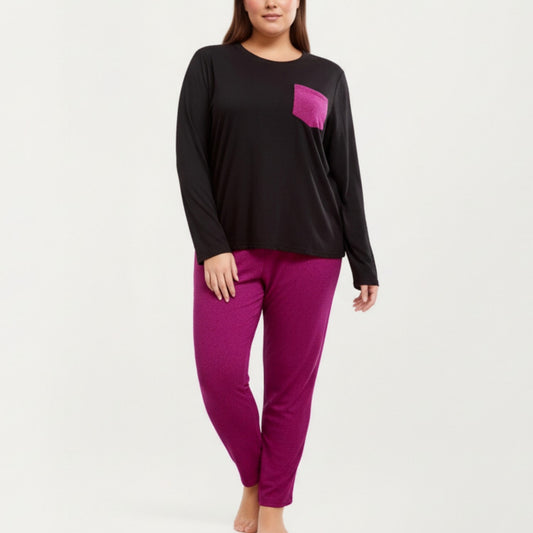2-Piece Set Long Sleeve Knit Top with Contrast Pocket and Soft Stretch Pajama Pants with Relaxed Tapered Fit
