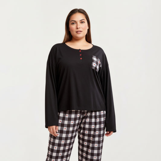 2-Piece Set Long Sleeve Henley Top and Plaid Pajama Pants with Soft Stretch Fabric, Chest Pocket Detail