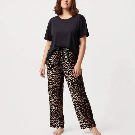 2-Piece Set Short Sleeve Top and Leopard Print Pajama Pants with Stretch Waist Tie and Easy Straight-Leg Fit