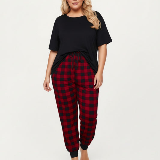 2-Piece Set Short Sleeve Knit Top and Plaid Jogger Pajama Pants with Soft Stretch Fabric and Tapered Fit