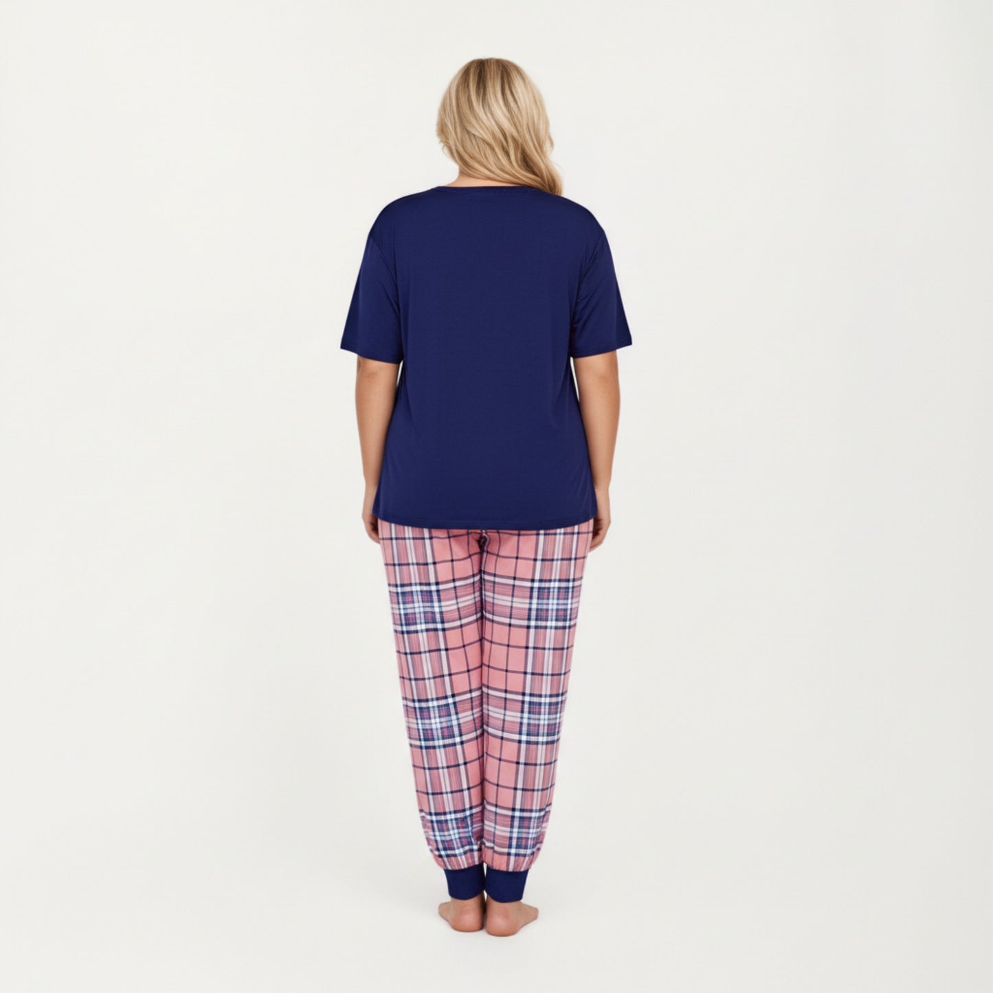 2-Piece Set Short Sleeve Knit Top and Plaid Jogger Pajama Pants with Soft Stretch Fabric and Tapered Fit