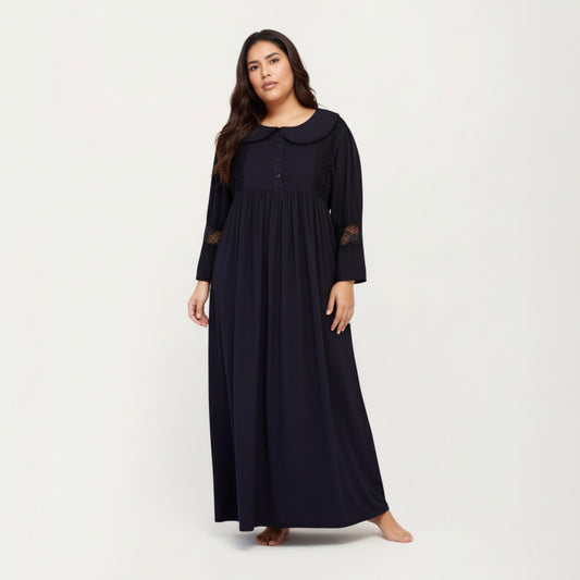 Long Sleeve Maxi Nightgown with Soft Flowing Fabric, Peter Pan Collar Detail and Lace Trim Accents on Sleeves