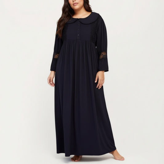 Long Sleeve Maxi Nightgown with Soft Flowing Fabric, Peter Pan Collar Detail and Lace Trim Accents on Sleeves