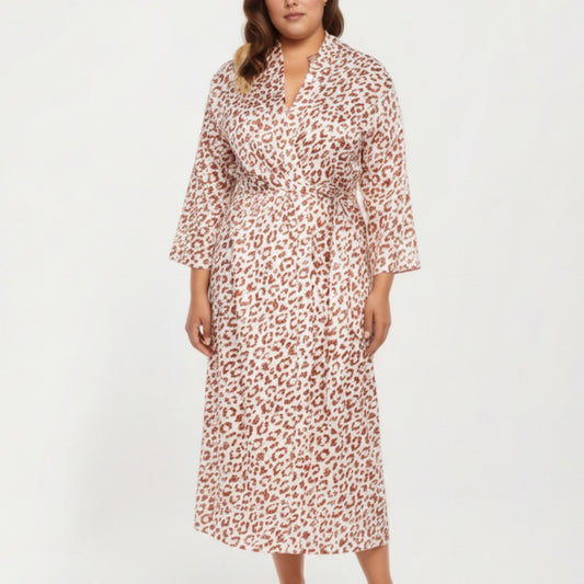 Satin Leopard Print Robe with Waist Tie Soft Silky Fabric Wide Sleeves and Flowing Longline Silhouette