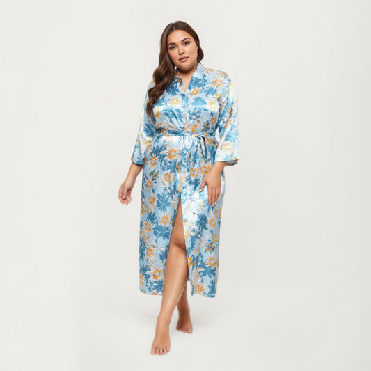 Floral Print Satin Robe with Waist Tie Soft Silky Fabric Wide Sleeves and Flowing Longline Silhouette