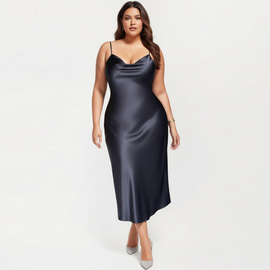 Satin Slip Midi Dress with Draped Neckline Adjustable Straps and Soft Body-Skimming Flowing Silhouette