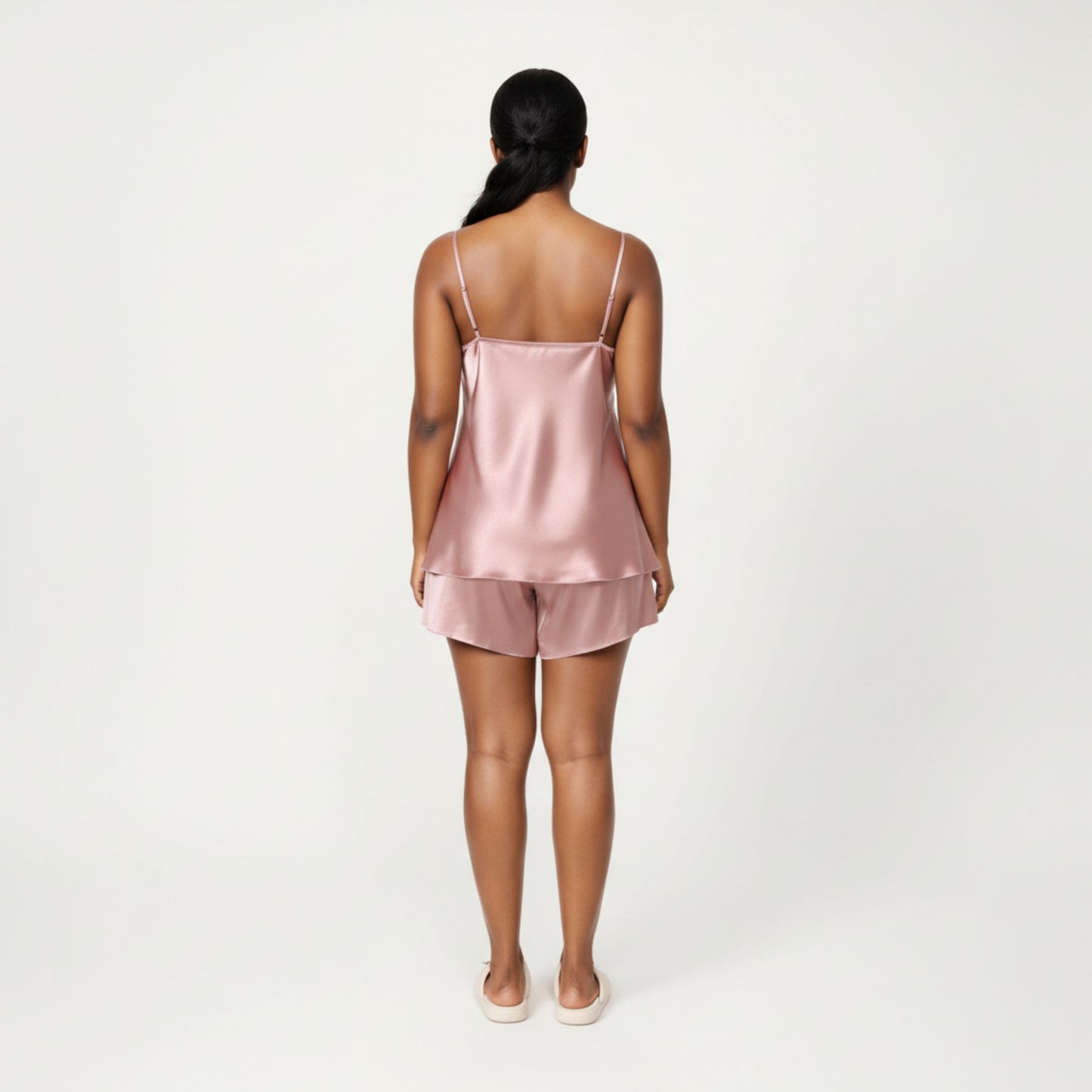 2-Piece Satin Cami and Shorts Set with Draped Neckline Silky Fabric and Lightweight Relaxed Fit