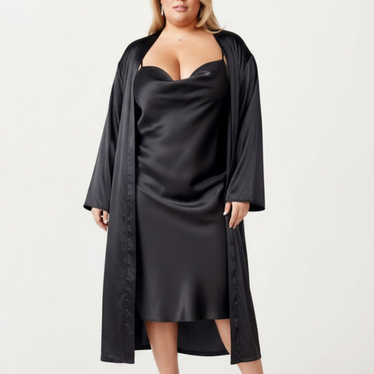 Satin Slip Dress and Long Robe Set with Draped Neckline and Elegant Flowing Open Front Layered Design
