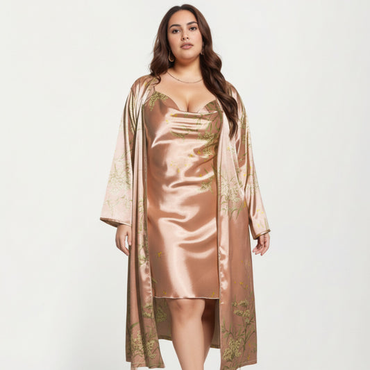 Satin Slip Dress and Long Robe Set with Floral Pattern Draped Neckline and Elegant Flowing Layered Design