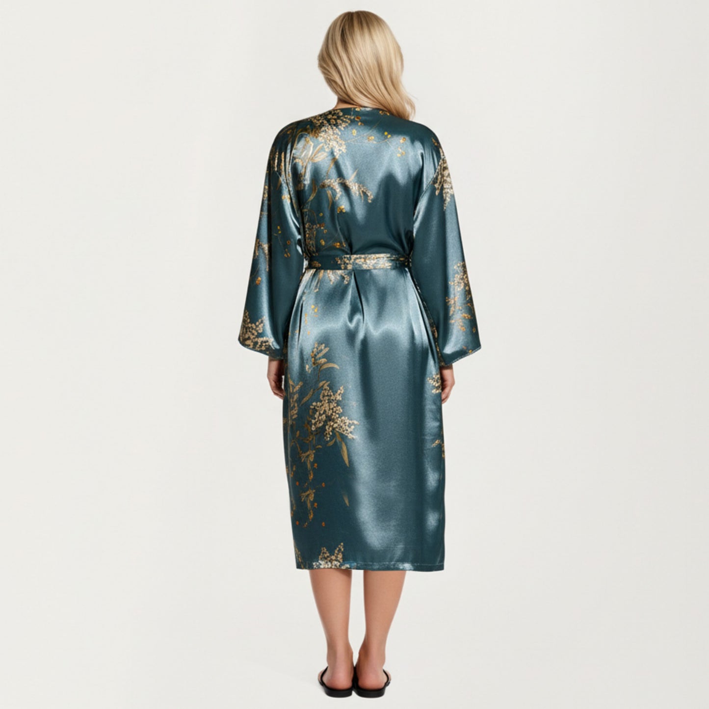 Satin Slip Dress and Long Robe Set with Floral Pattern Draped Neckline and Elegant Flowing Layered Design