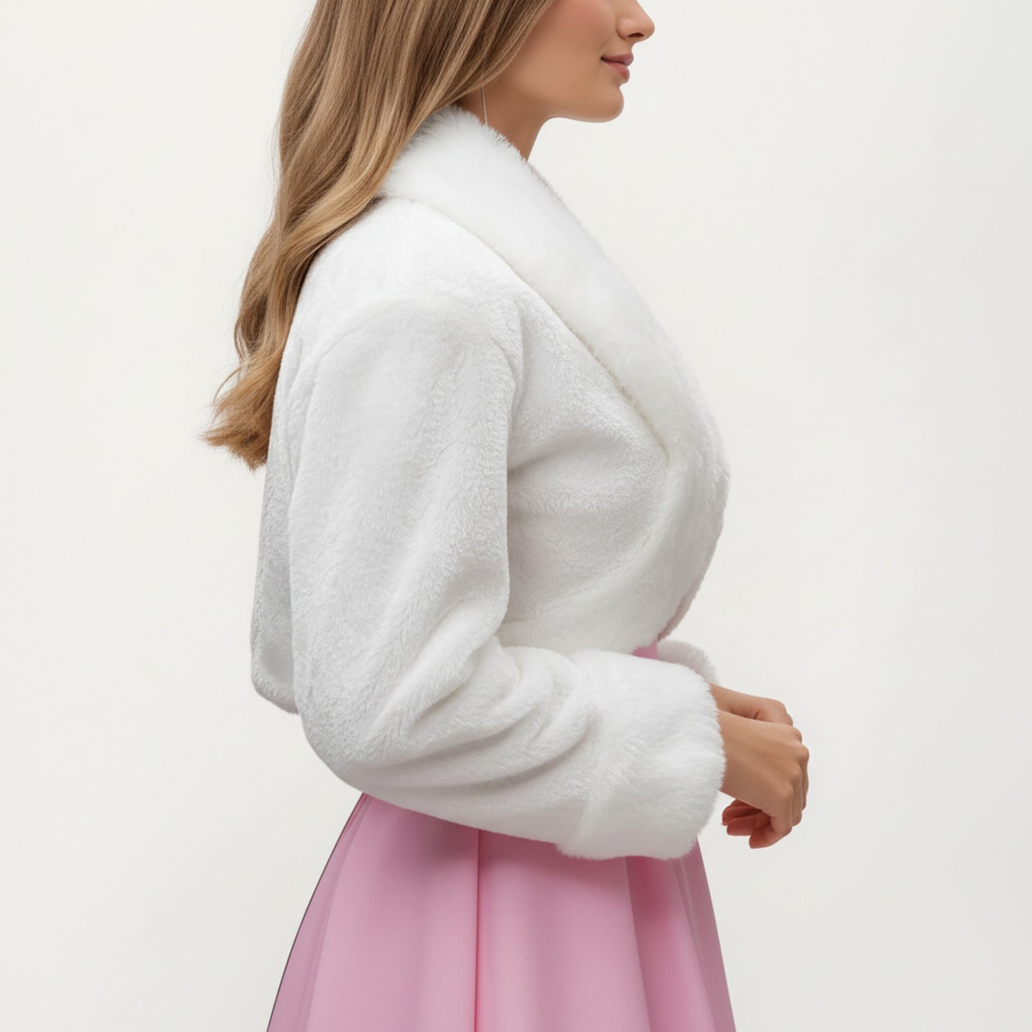 Faux Fur Trim Cropped Jacket with Plush Shawl Collar Soft Textured Long Sleeves and Clean Open Front 19in