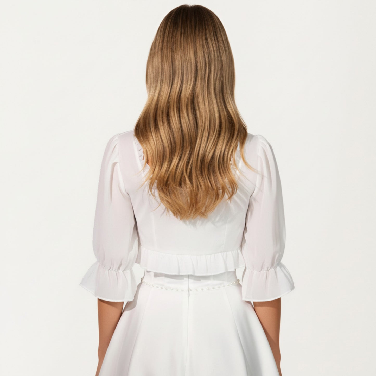 Sheer Ruffle Trim Bolero Top with Puff Sleeves Soft Layered Front Tie Detail and Elegant Overlay 8.5x13in