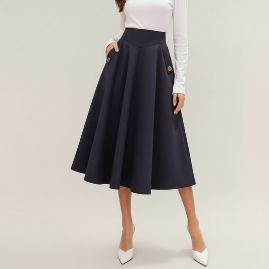 Midi A-Line Skirt with Structured High Waist, Soft Flowing Panels, and Button-Tab Pocket Accents for Shape