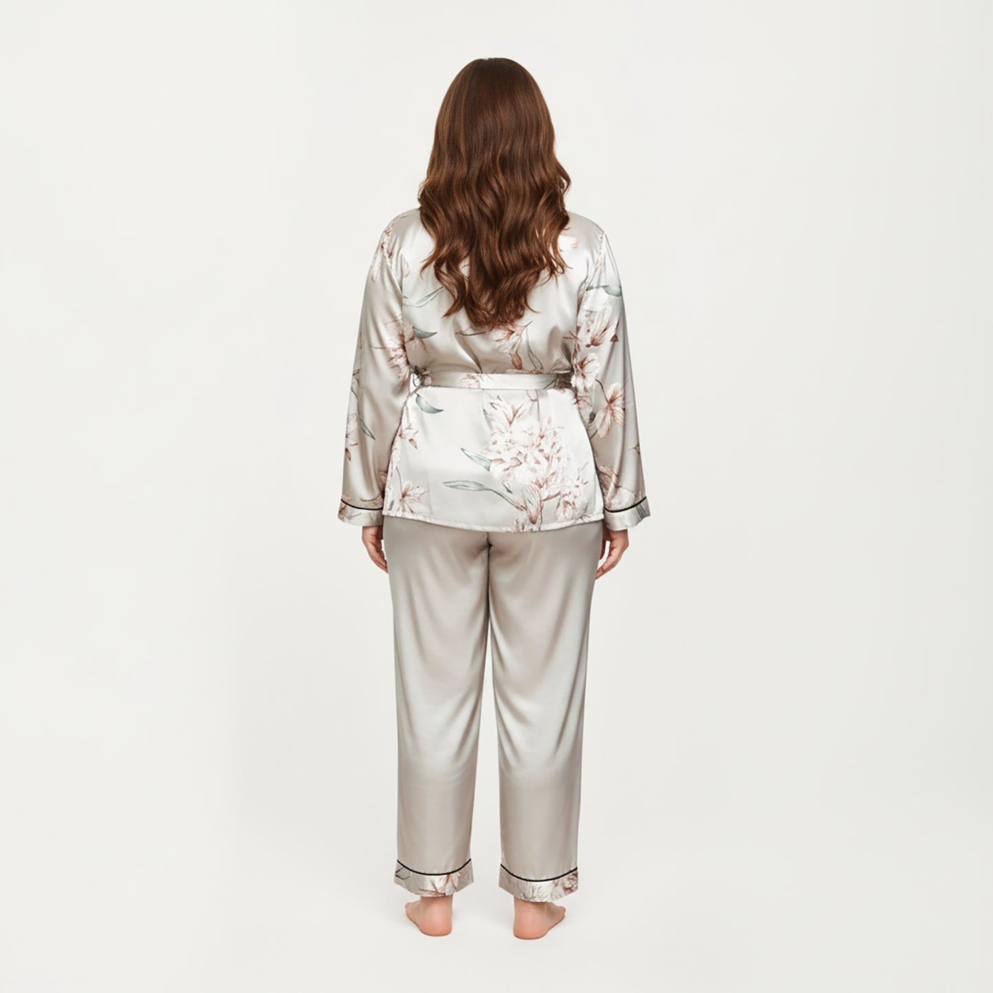 PLus Size Satin Pajama Set with Wrap Front Tie Waist Top and Straight Leg Pants
