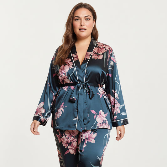 PLus Size Satin Pajama Set with Wrap Front Tie Waist Top and Straight Leg Pants