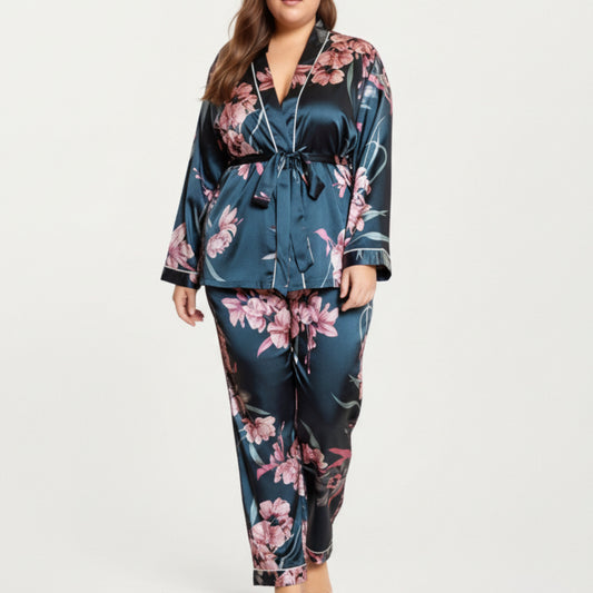PLus Size Satin Pajama Set with Wrap Front Tie Waist Top and Straight Leg Pants