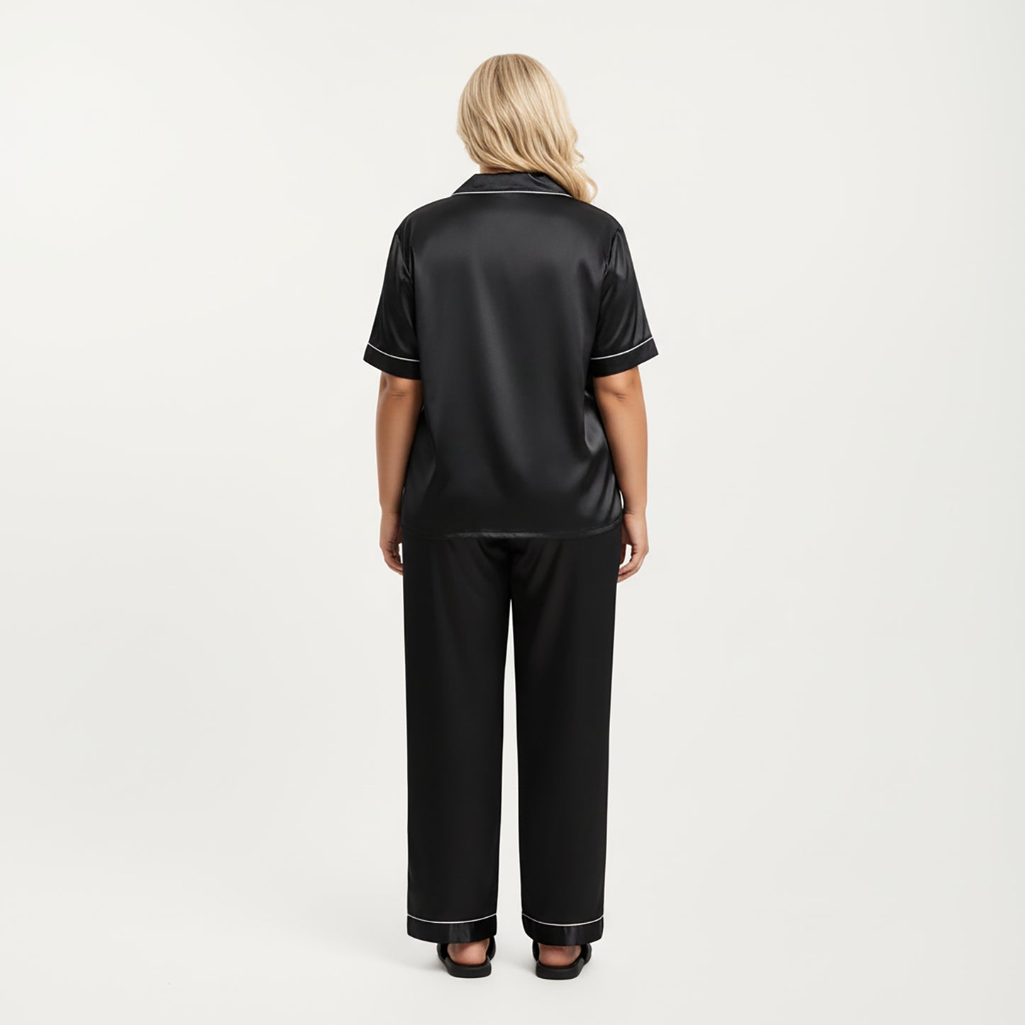 PLus Size Satin Pajama Set with Short Sleeve Button Front Top and Relaxed Straight Leg Pants