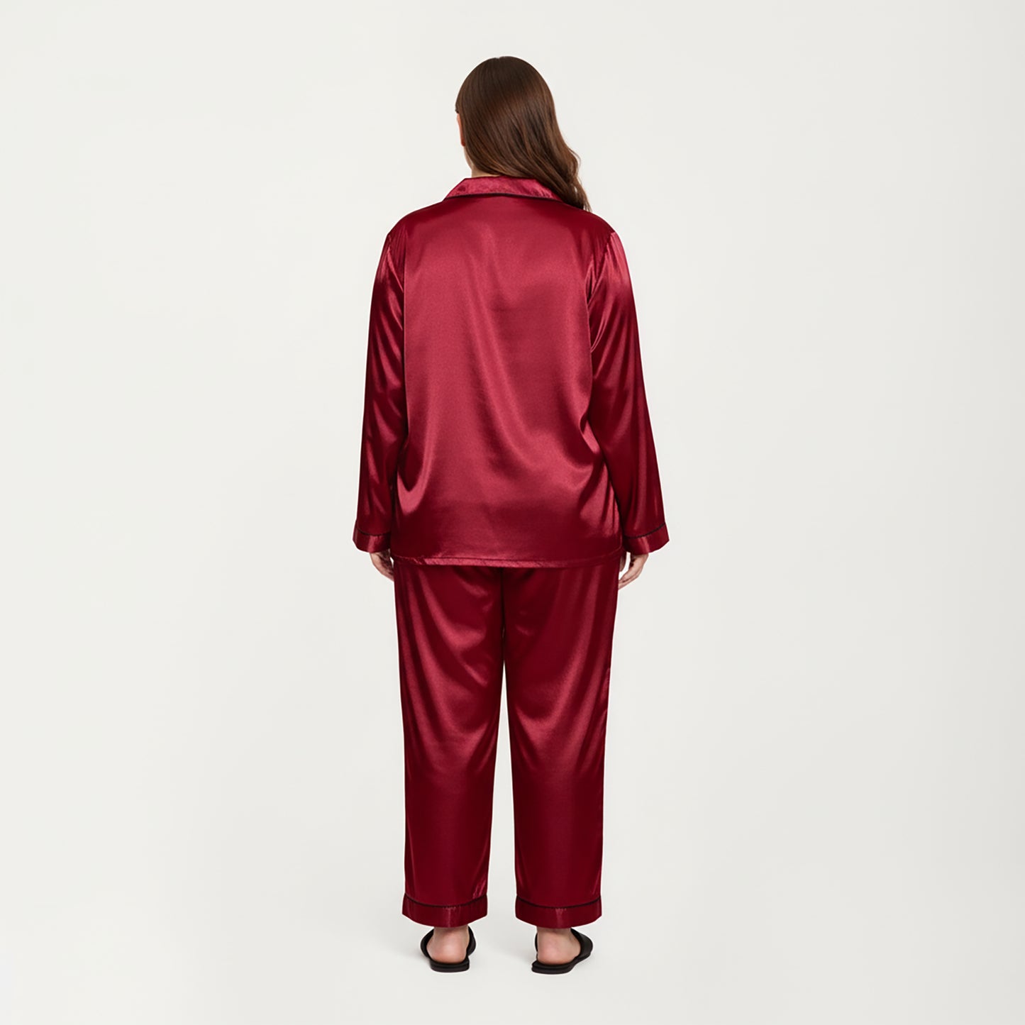 PLus Size Satin Pajama Set with Long Sleeve Button Front Top and Relaxed Straight Leg Pants