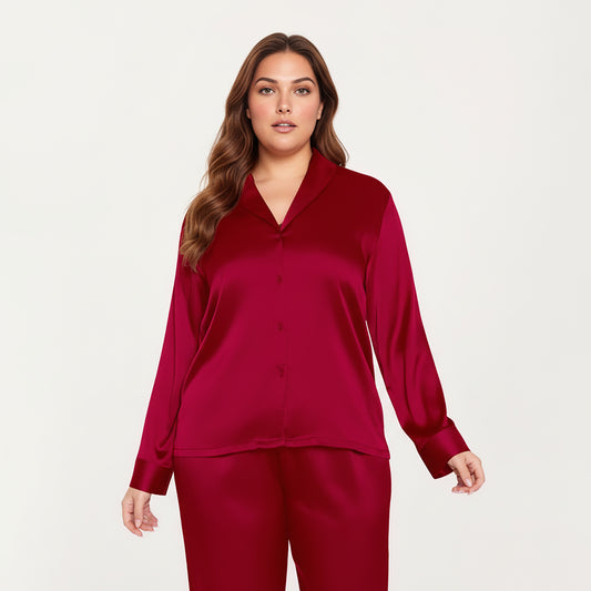 PLus Size 2-Piece Satin Pajama Set with Relaxed Button Front Top and Wide-Leg Pants