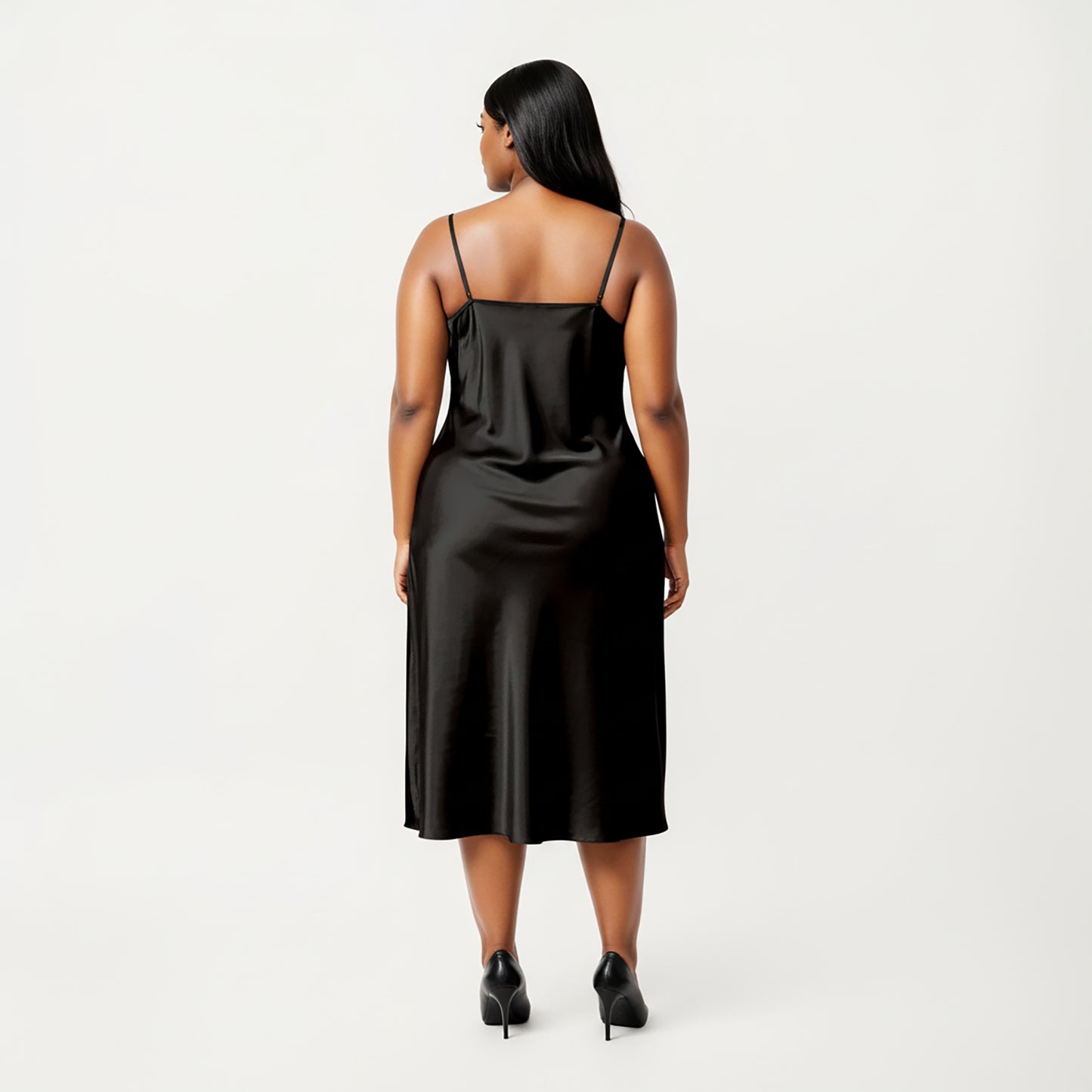 PLus Size Satin Midi Slip Dress with Draped Neckline and Smooth Glossy Fabric