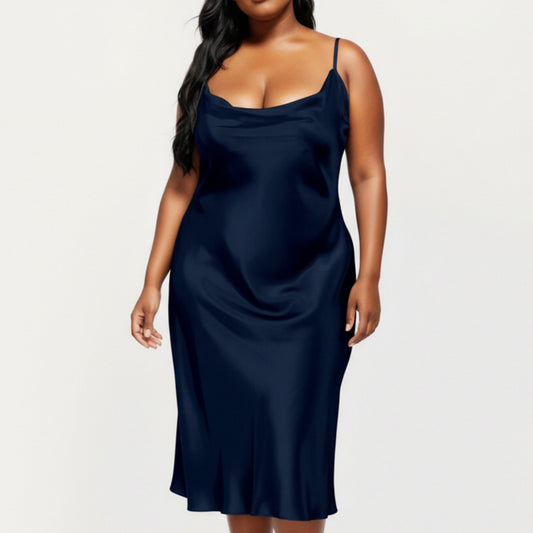 PLus Size Satin Midi Slip Dress with Draped Neckline and Smooth Glossy Fabric